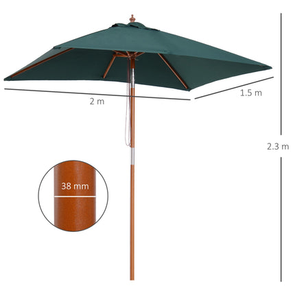 6 Ribs 2m Square Garden Patio Umbrella with Wood Bamboo Frame - Brown Green