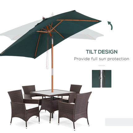 6 Ribs 2m Square Garden Patio Umbrella with Wood Bamboo Frame - Brown Green