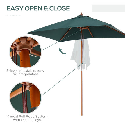 6 Ribs 2m Square Garden Patio Umbrella with Wood Bamboo Frame - Brown Green