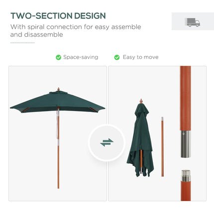 6 Ribs 2m Square Garden Patio Umbrella with Wood Bamboo Frame - Brown Green