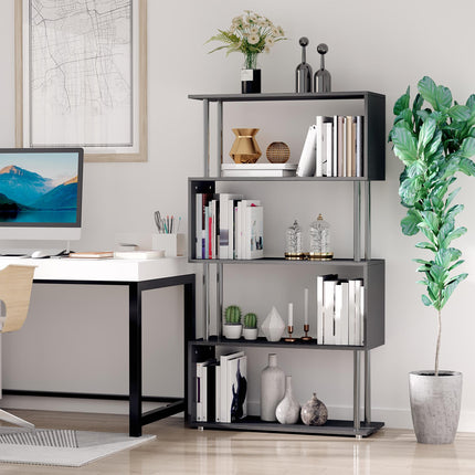 S Shape Wooden Bookcase Storage Display Unit 5-Tier - Black