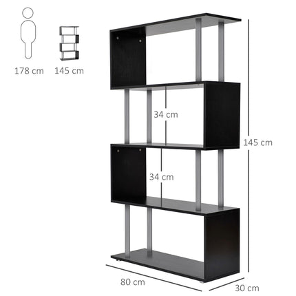 S Shape Wooden Bookcase Storage Display Unit 5-Tier - Black