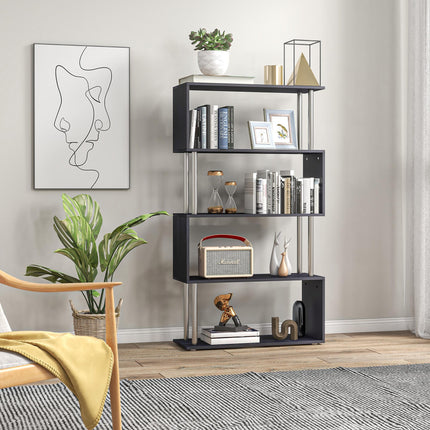 S Shape Wooden Bookcase Storage Display Unit 5-Tier - Black