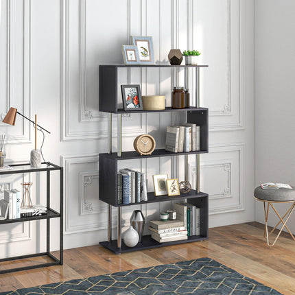 S Shape Wooden Bookcase Storage Display Unit 5-Tier - Black