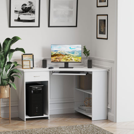 L-Shaped Corner Computer Desk with Shelves, Keyboard Tray, Drawer & CPU Stand - White