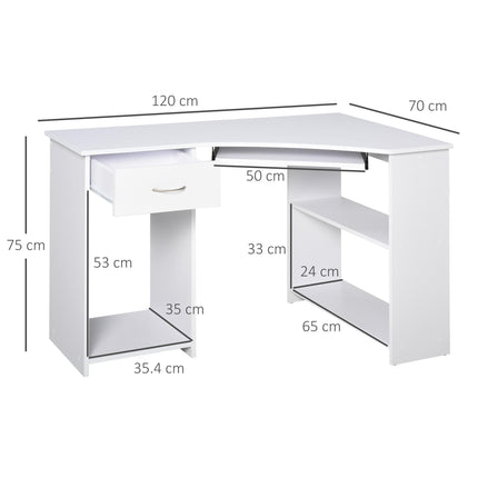 L-Shaped Corner Computer Desk with Shelves, Keyboard Tray, Drawer & CPU Stand - White