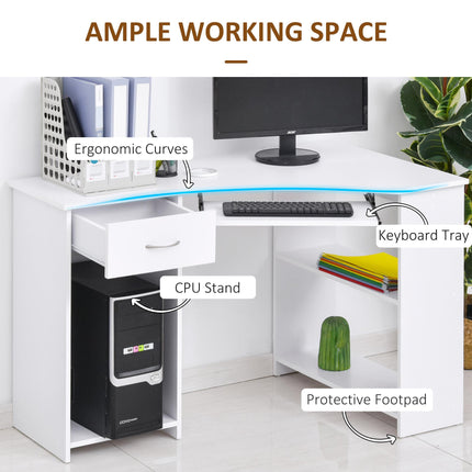 L-Shaped Corner Computer Desk with Shelves, Keyboard Tray, Drawer & CPU Stand - White