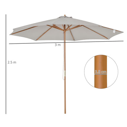 3m Fir Wooden Garden Parasol Bamboo Sun Shade Patio Umbrella Canopy - Grey