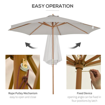 3m Fir Wooden Garden Parasol Bamboo Sun Shade Patio Umbrella Canopy - Grey
