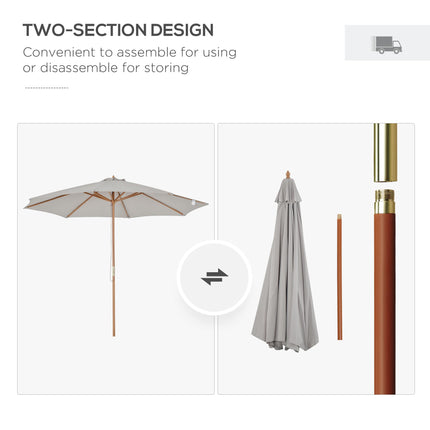 3m Fir Wooden Garden Parasol Bamboo Sun Shade Patio Umbrella Canopy - Grey
