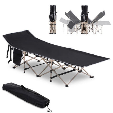 Portable Folding Camping Cot with Steel Frame and Side Pocket - Black
