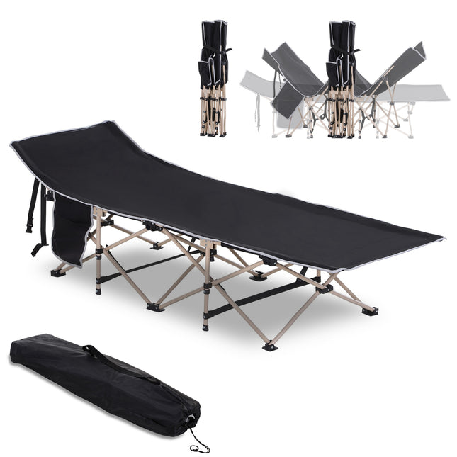 Portable Folding Camping Cot with Steel Frame and Side Pocket - Black