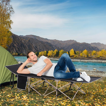 Portable Folding Camping Cot with Steel Frame and Side Pocket - Black