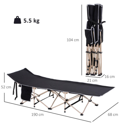 Portable Folding Camping Cot with Steel Frame and Side Pocket - Black