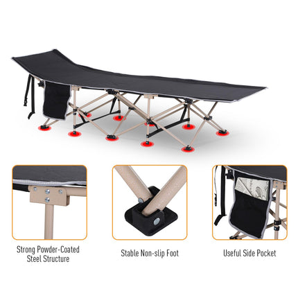 Portable Folding Camping Cot with Steel Frame and Side Pocket - Black