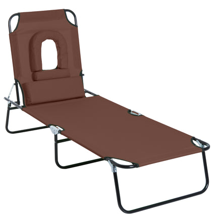 Foldable Adjustable Sun Lounger with Pillow and Reading Hole - Brown