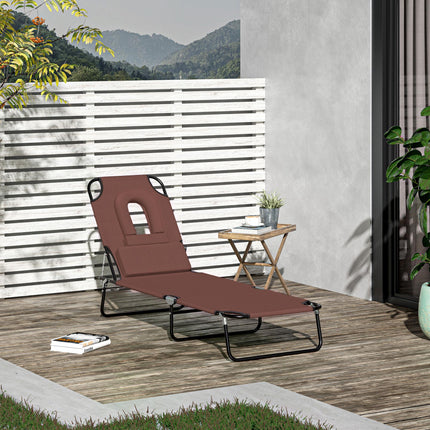 Foldable Adjustable Sun Lounger with Pillow and Reading Hole - Brown