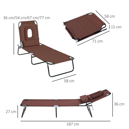 Foldable Adjustable Sun Lounger with Pillow and Reading Hole - Brown