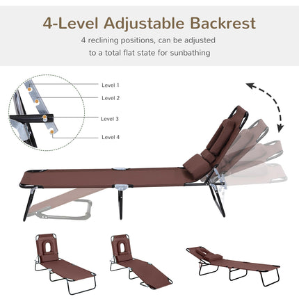 Foldable Adjustable Sun Lounger with Pillow and Reading Hole - Brown