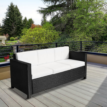 3 Seater Garden Rattan Sofa Set with Fire Resistant Cushions - Black