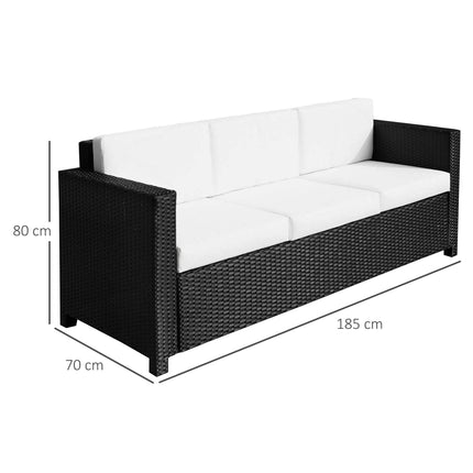 3 Seater Garden Rattan Sofa Set with Fire Resistant Cushions - Black
