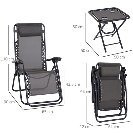 3 Piece Folding Zero Gravity Chair Set with Table and Cup Holders - Dark Grey