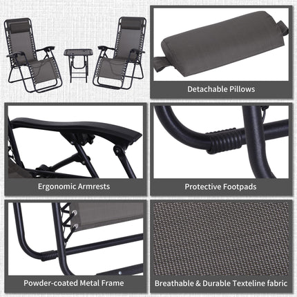 3 Piece Folding Zero Gravity Chair Set with Table and Cup Holders - Dark Grey