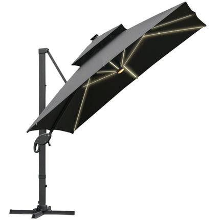 3 x 3m Cantilever Roma Parasol with LED Solar Light & 360° Rotating Cross Base - Dark Gray
