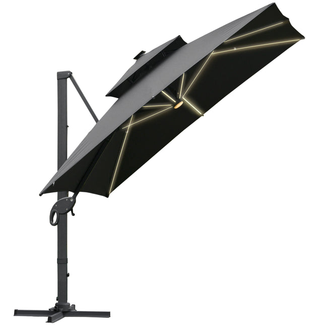 3 x 3m Cantilever Roma Parasol with LED Solar Light & 360° Rotating Cross Base - Dark Gray