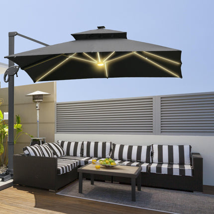 3 x 3m Cantilever Roma Parasol with LED Solar Light & 360° Rotating Cross Base - Dark Gray