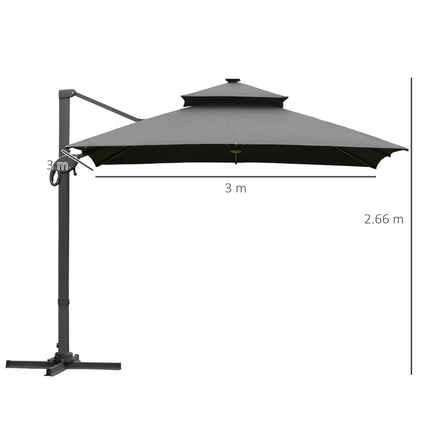 3 x 3m Cantilever Roma Parasol with LED Solar Light & 360° Rotating Cross Base - Dark Gray