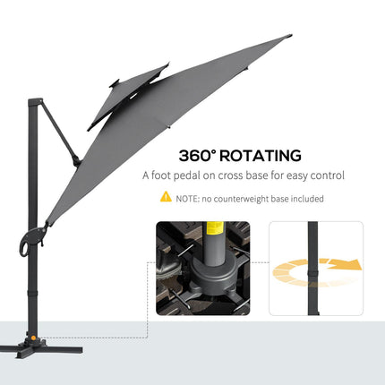 3 x 3m Cantilever Roma Parasol with LED Solar Light & 360° Rotating Cross Base - Dark Gray
