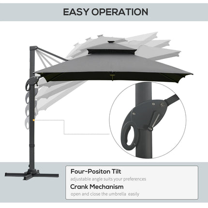 3 x 3m Cantilever Roma Parasol with LED Solar Light & 360° Rotating Cross Base - Dark Gray