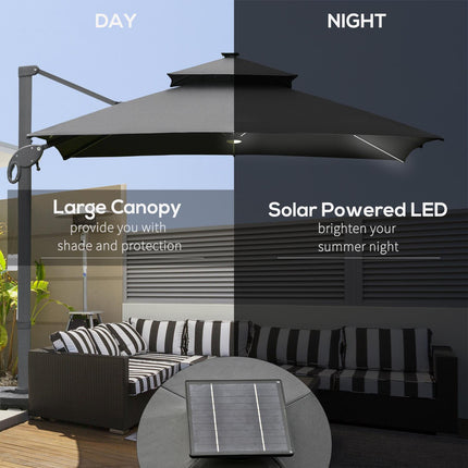 3 x 3m Cantilever Roma Parasol with LED Solar Light & 360° Rotating Cross Base - Dark Gray