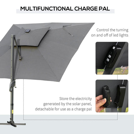 3 x 3m Cantilever Roma Parasol with LED Solar Light & 360° Rotating Cross Base - Dark Gray