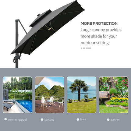 3 x 3m Cantilever Roma Parasol with LED Solar Light & 360° Rotating Cross Base - Dark Gray