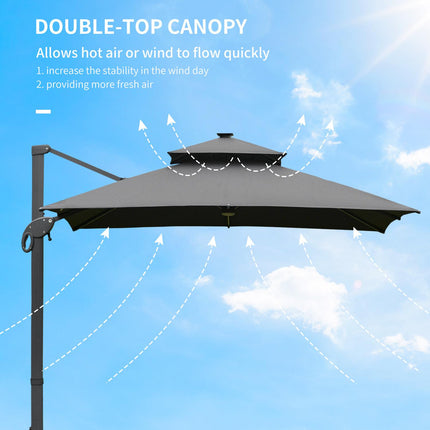 3 x 3m Cantilever Roma Parasol with LED Solar Light & 360° Rotating Cross Base - Dark Gray