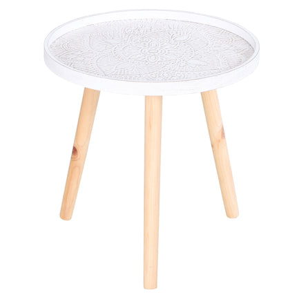 Flower Etched Saucer Top Side Table with Wood Legs for Living Room Bedroom - White