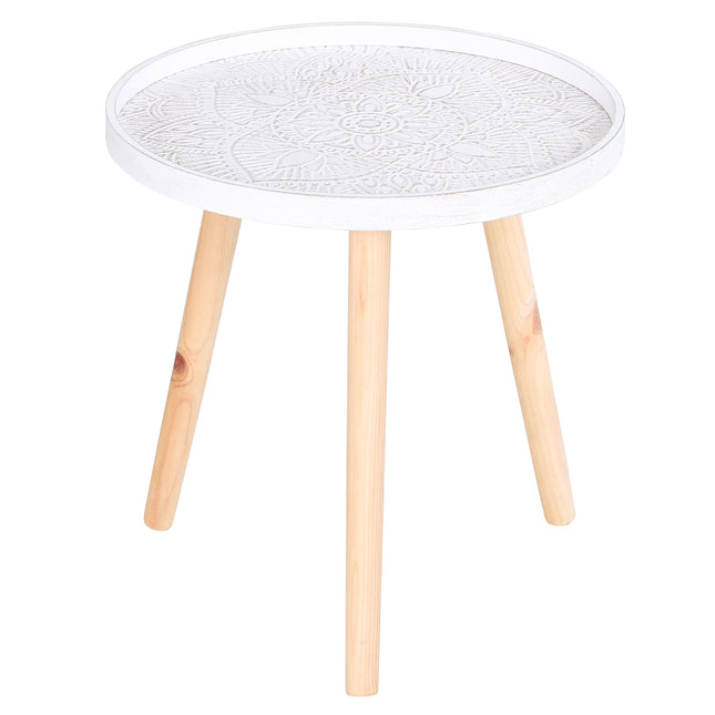 Flower Etched Saucer Top Side Table with Wood Legs for Living Room Bedroom - White