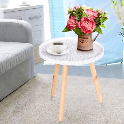 Flower Etched Saucer Top Side Table with Wood Legs for Living Room Bedroom - White