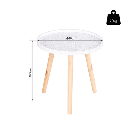 Flower Etched Saucer Top Side Table with Wood Legs for Living Room Bedroom - White