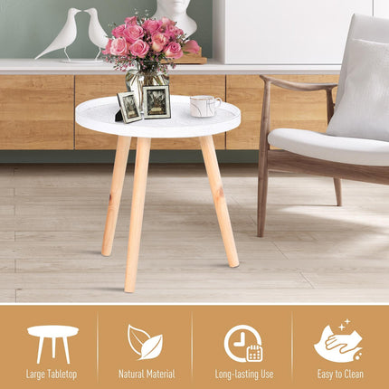 Flower Etched Saucer Top Side Table with Wood Legs for Living Room Bedroom - White