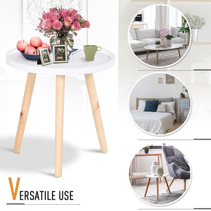 Flower Etched Saucer Top Side Table with Wood Legs for Living Room Bedroom - White
