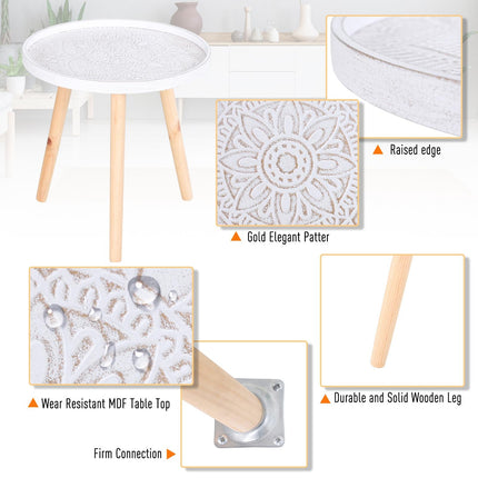 Flower Etched Saucer Top Side Table with Wood Legs for Living Room Bedroom - White