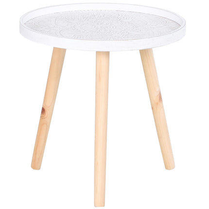 Flower Etched Saucer Top Side Table with Wood Legs for Living Room Bedroom - White