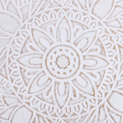 Flower Etched Saucer Top Side Table with Wood Legs for Living Room Bedroom - White