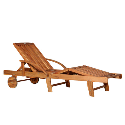 Outdoor Wooden Foldable Sun Lounger with Wheels and Side Table - Natural