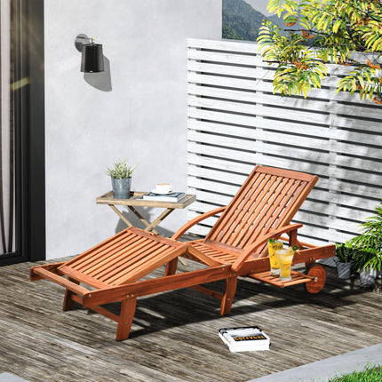 Outdoor Wooden Foldable Sun Lounger with Wheels and Side Table - Natural