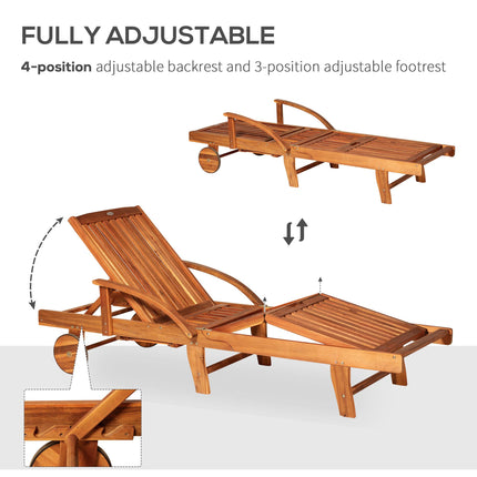 Outdoor Wooden Foldable Sun Lounger with Wheels and Side Table - Natural