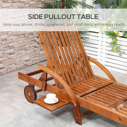 Outdoor Wooden Foldable Sun Lounger with Wheels and Side Table - Natural
